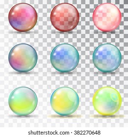 Transparent colored balls with overflow. Pearl bubbles. Set of soap bubbles. Transparent colored balls with overflow. Set of soap bubbles. glass balls. Vector bubbles on a transparent background