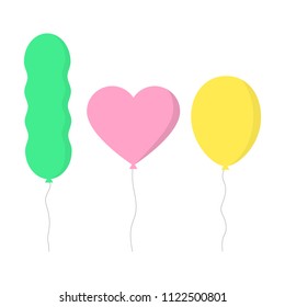 Transparent colorful air balloons with string. Heart, ellipse and worm shaped balloons, vector illustration.