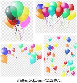 Transparent colorful balloons in air on gray grid background. Vector illustration.