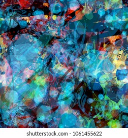 Transparent colorful elements on black backdrop. Seamless texture. Abstract vector background for web page, banners backdrop, fabric, home decor, wrapping