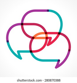 Transparent colorful linear three speech bubbles vector illustration. Overlapping, intersecting typographic elements