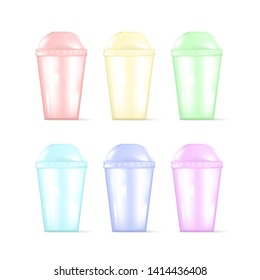 Transparent colorful plastic empty disposable cup for soda or cocktail. Party disposable tableware set. Vector illustration isolated on white background