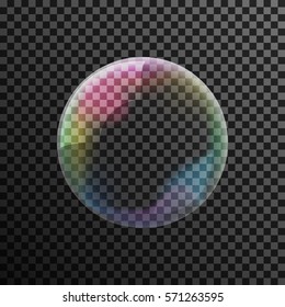 Transparent colorful soap bubble on a dark background. Vector Illustration.
