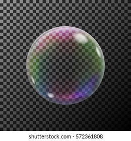 Transparent colorful soap bubble on a dark background. Vector Illustration.