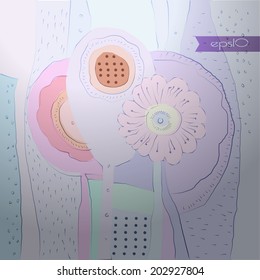 Transparent  composition  from colored floral motifs and text on a light  gradient background.