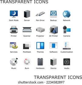 Transparent computer icon pack. Dark theme. Desktop folder icons. New window customize shortcuts. Software app sign. Machine UI device symbol. Vector illustration. PNG no background.