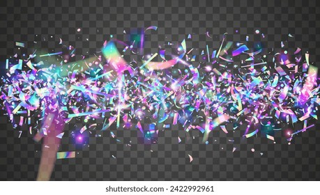 Transparent Confetti. Falling Design. Purple Disco Glitter. 3d Abstract Explosion. Cristal Banner. Festive Sparkle. Happy Texture. Iridescent Paper. Blue Transparent Confetti