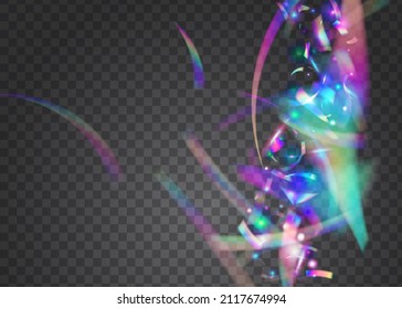 Transparent Confetti. Metal Prismatic Template. Fantasy Foil. Holiday Art. Pink Retro Effect. Hologram Glitter. Shiny Prism. Falling Tinsel. Purple Transparent Confetti