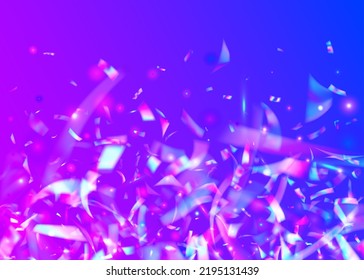 Transparent Confetti. Surreal Foil. Blur Burst. Violet Retro Tinsel. Laser Vaporwave Illustration. Cristal Texture. Digital Art. Bokeh Glare. Purple Transparent Confetti