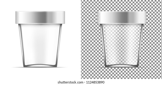 Transparent container with metal cap for ice cream, food or cosmetic. 