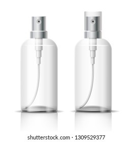 Transparent cosmetic bottle. Bath shampoo or perfume spray bottle, blank clear empty mockup cap with air tube, realistic skin care pack, vector illustration