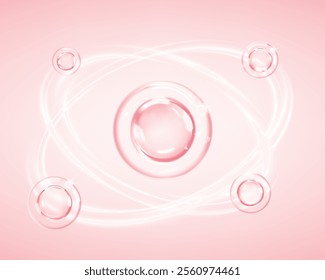 Transparent cosmetic fluid bubbles. Cosmetic oil, сollagen, serum or essence. Skincare product. Concept skin care cosmetics solution. Vector illustration