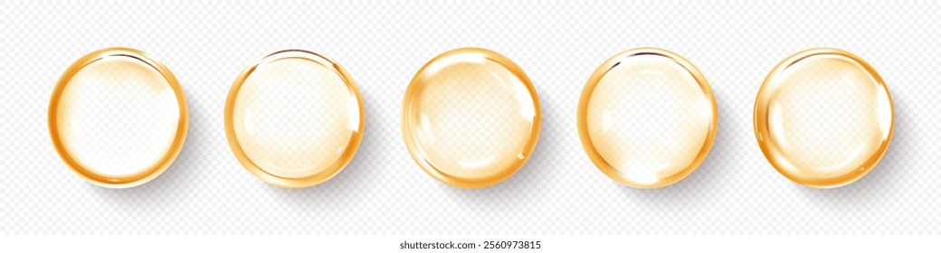 Transparent cosmetic fluid drops. Cosmetic oil, serum or essence. Skincare product. Vector illustration