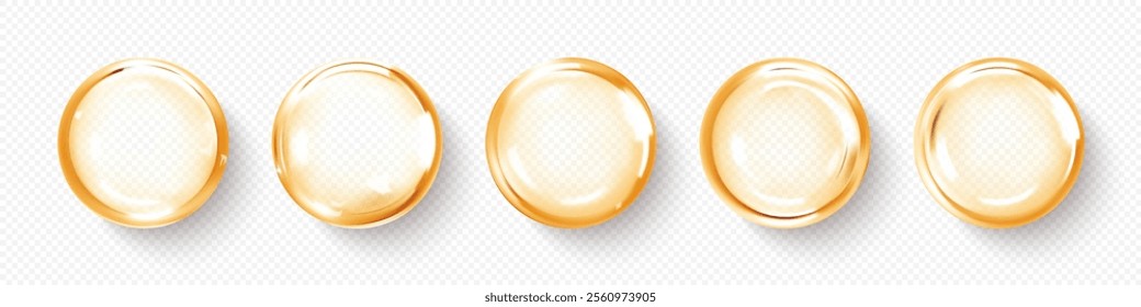 Transparent cosmetic fluid drops. Cosmetic oil, serum or essence. Skincare product. Vector illustration