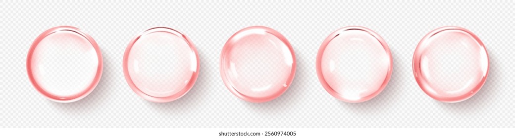 Transparent cosmetic fluid drops. Cosmetic oil, serum or essence. Skincare product. Vector illustration