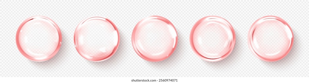 Transparent cosmetic fluid drops. Cosmetic oil, serum or essence. Skincare product. Vector illustration