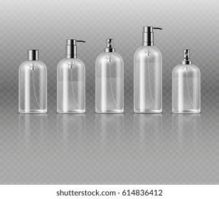 Transparent cosmetic perfume bottles with pump, cosmetic glass tube packaging vector template