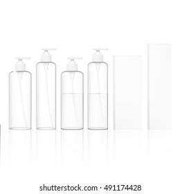 Transparent Cosmetic Plastic Bottles With Dispenser Pump. Liquid Container For Gel, Lotion, Cream, Shampoo. EPS10 Vector