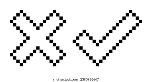 Transparent cross and check mark line icon. Choice, vote, confirm, cancel, test, poll, decision, option, alternative, pixel style. Multicolored icon on white background