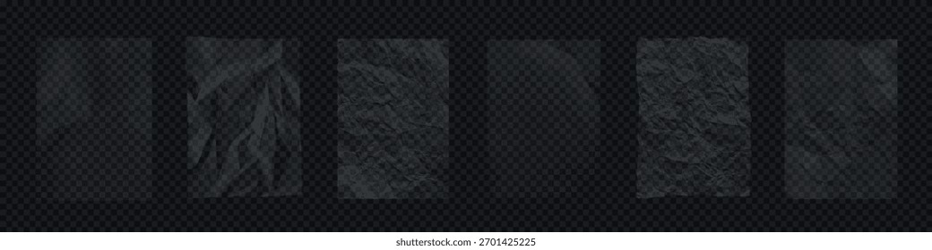 Texturas de plástico esmagadas transparentes. Conjunto de sobreposições de filme claro enrugado com reflexos claros no fundo transparente escuro. Ilustração vetorial realista.