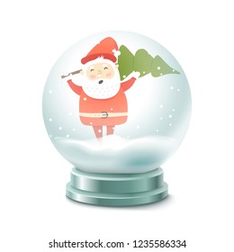 Transparent crystal ball with snow ans Santa Claus vector illustration. Christmas snow ball illustration