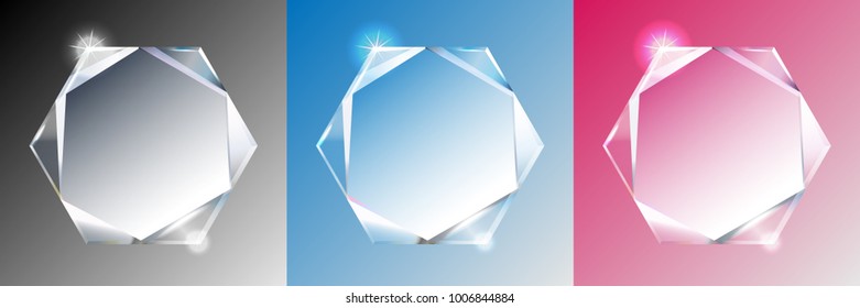 Transparent crystal geometric template set. Glass mock up with text place for greeting cards, cups, invitations, posters and covers.