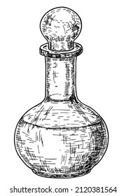 Transparent crystal round decanter hand drawn vector illustration. 
Hand drawn glass decanter sketch isolated on white background. For bar menu, cards, posters, prints, packaging. Engraving style. 