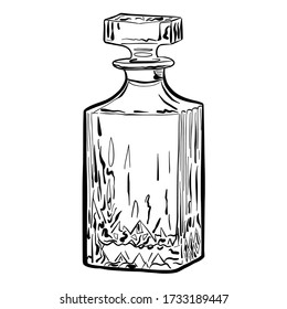 Transparent crystal square decanter hand drawn vector illustration on white background 