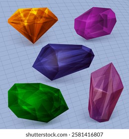 A transparent crystals and gems of various geometric shapes and colors. Glass shiny rhinestones with different reflecting shades Vector realistic set of glow gemstones.