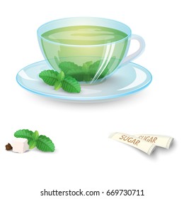 Transparent cup of green tea with mint and sugar isolated on white background. Vector illustration