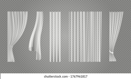 Transparent curtains. Window white silk textile, flying fabric. Light tissues or realistic veilfor interior decoration vector illustration