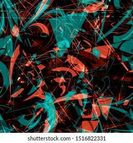Transparent curved elements and lines. Black, red, sea green seamless texture. Abstract vector background for web page, banners backdrop, fabric, home decor, wrapping