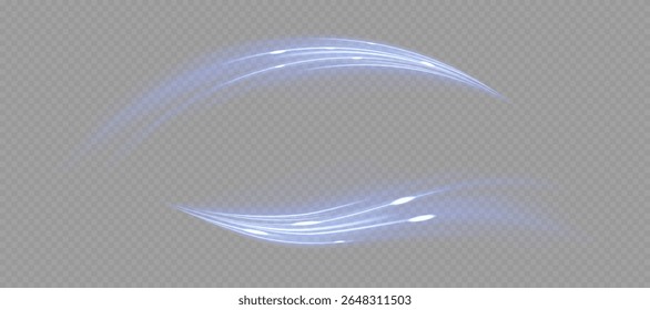Feixes de luz curvos transparentes com elegante espiral azul brilhante no fundo escuro. Use para IU futurista, animações de vórtice, partículas dinâmicas ou movimento de luz mística em vídeos ou ilustrações.