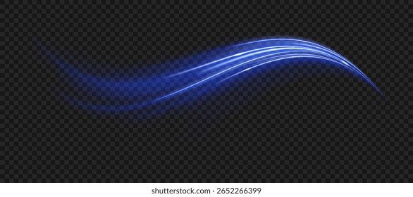 Transparent curved light beams with elegant glowing blue swirl on dark background. Use for futuristic UI, vortex animations, dynamic particles or mystical light motion in videos or illustrations.