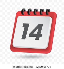Transparent Date icon png, vector illustration of Day 14 icon in 3D color and transparent background(PNG).