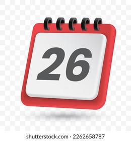 Transparent Date icon png, vector illustration of Day 26 icon in 3D color and transparent background(PNG).