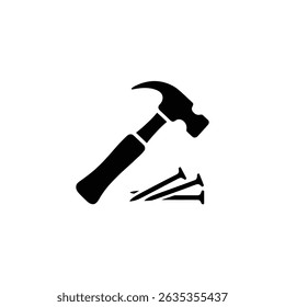 Transparent design featuring a hammer alongside iron nails, ideal for representing carpentry, construction, or repair services. Minimalistic and clean.
