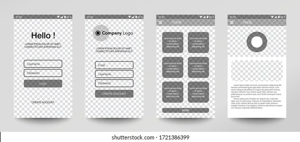 Transparent design of mobile app, UI, UX, GUI. Set of user registration screens with login and password input, account sign in, sign up, home page. Modern Style. Minimal Application.UI Design Template