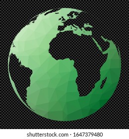 Transparent digital world map. Orthographic projection. Polygonal map of the world on transparent background. Stencil shape geometric globe. Creative vector illustration.
