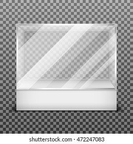 Transparent Display Glass Box Isolated On Checkered Background. Empty Container For Exhibition In Gallery, Vector Illustration