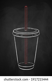 Transparent disposable takeaway coffee cup isolated on black chalkboard background. Vector chalk drawn sideview grunge illustration.