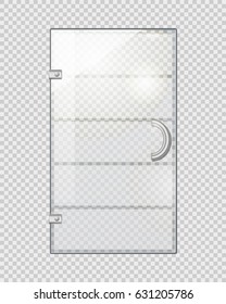 Transparent door isolated on grey checkered background. Vector illustration of isolated clear glass door with long doorhandle. Mock up decorative object of shops, boutiques for entrance and exit