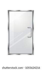 Transparent door isolated on white background. Vector illustration of isolated clear glass door with long doorhandle. Mock up decorative object of shops, boutiques for entrance and exit