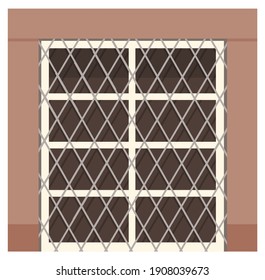 Transparent double plastic window with metal mesh in brown wall flat vector illustration. Window with spros for building fitted with glass in a frame. Home, office design for residential project