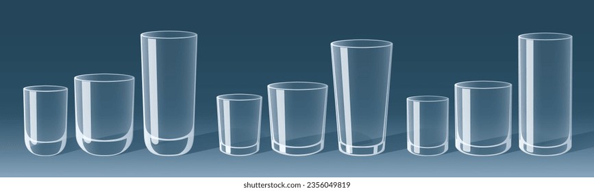 Transparent Drinking Glasses in Several Styles and Sizes. Vector illustration isolated, eps