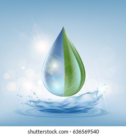 Transparent drop of water on a blue background. Sewage treatment. Delivery and purification. Stock vector illustration.