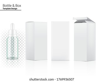 Transparent Dropper Bottle Mock up Realistic Cosmetic and 3 Box Side for Skincare Essential Merchandise or medicine on White Background Illustration. Health Care, Medical and Science Concept Design.