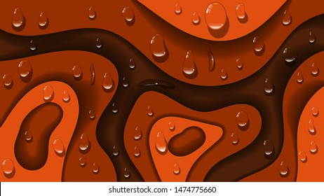 transparent drops of liquid on abstract forms with smooth edges of orange hues overlapping each other. art abstract background. vector