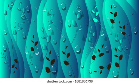 transparent drops on a background of overlapping turquoise azure abstract shapes with smooth edges and plant elements. very beautiful art wallpaper. 3D image. author's work. vector