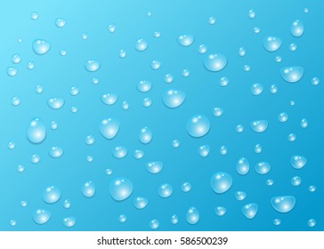 Transparent  drops of pure clear water isolated on a blue background. Raindrops.  Realistic  vector  illustration.